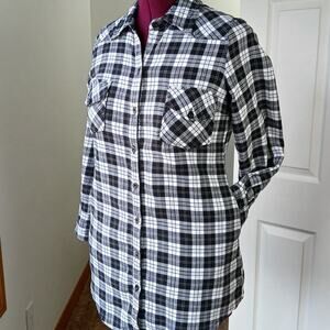 Sweet Candy Flannel Shirt Dress M POCKETS mini black white plaid long sleeve